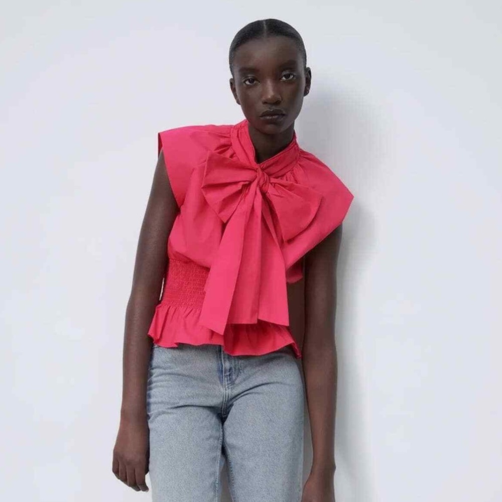 Zara Pink Poplin Top With Bow Size XS